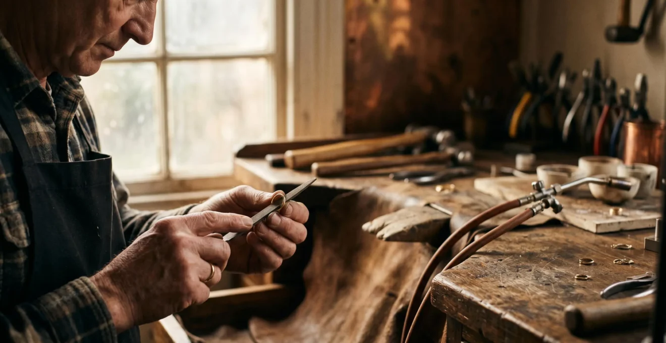 Artisan orfèvre travaillant avec concentration sur une bague en or dans son atelier traditionnel