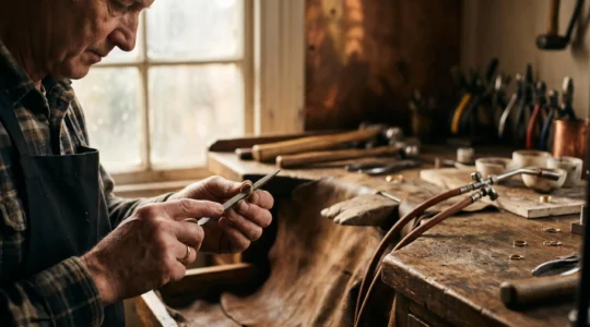 Artisan orfèvre travaillant avec concentration sur une bague en or dans son atelier traditionnel