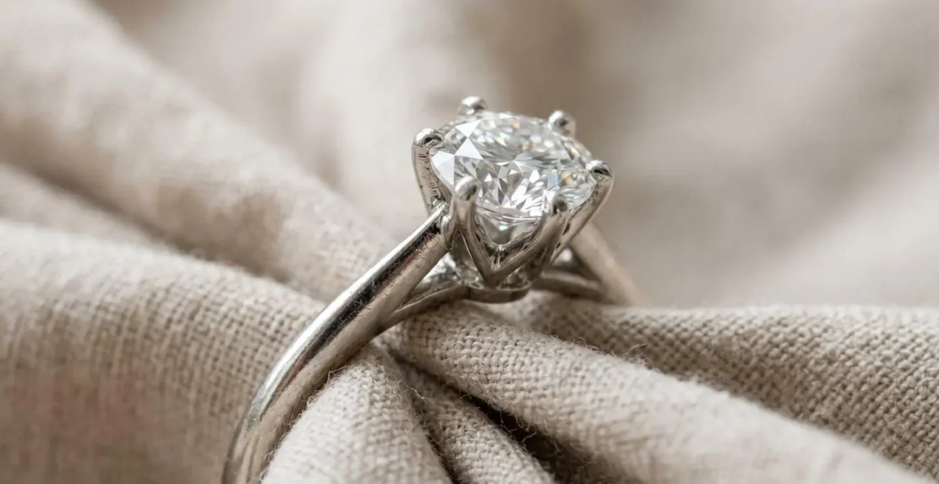 Gros plan d'une bague de fiançailles en platine avec diamant, montrant les détails du serti et la lumière naturelle