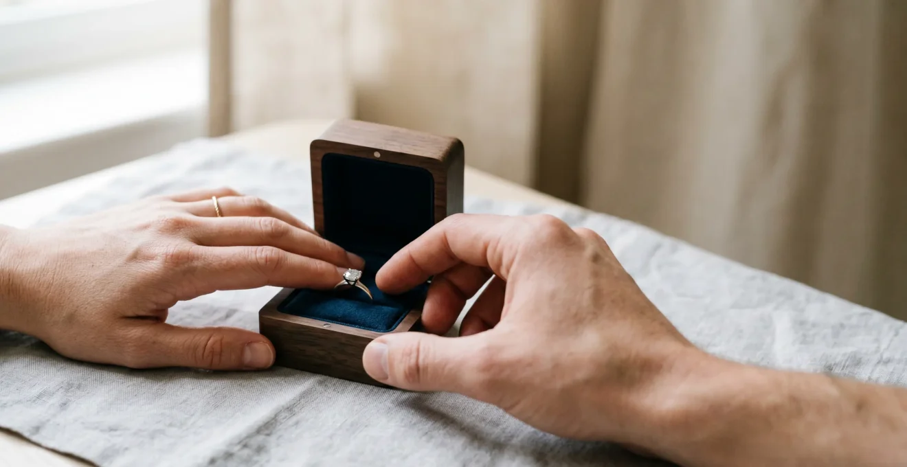Couple échangeant regards complices lors du choix d'une bague de fiançailles dans un écrin moderne