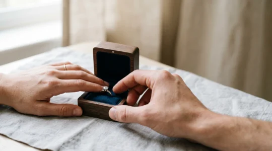 Couple échangeant regards complices lors du choix d'une bague de fiançailles dans un écrin moderne