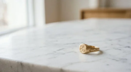Bijou personnalisé élégant posé sur une surface minimaliste avec détails subtils de gravure