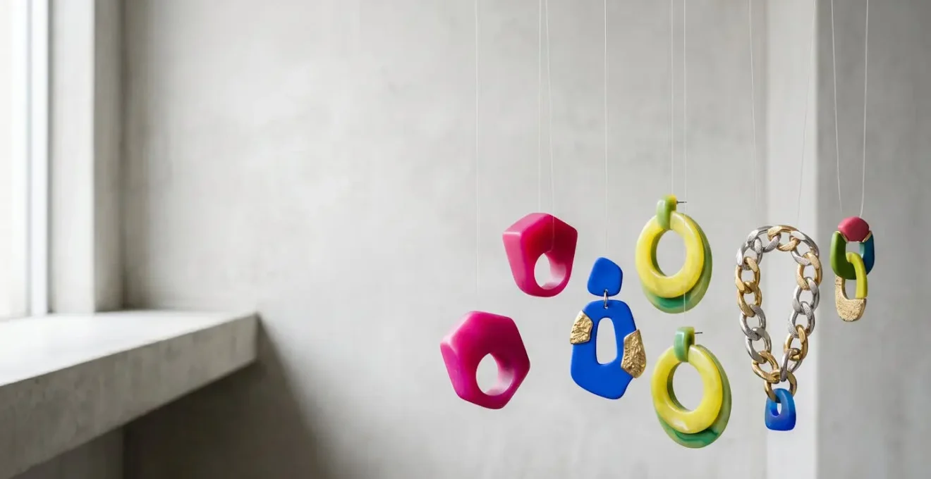 Composition éditoriale de bijoux fantaisie colorés disposés avec élégance sur fond minimaliste