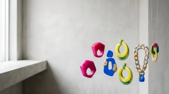 Composition éditoriale de bijoux fantaisie colorés disposés avec élégance sur fond minimaliste