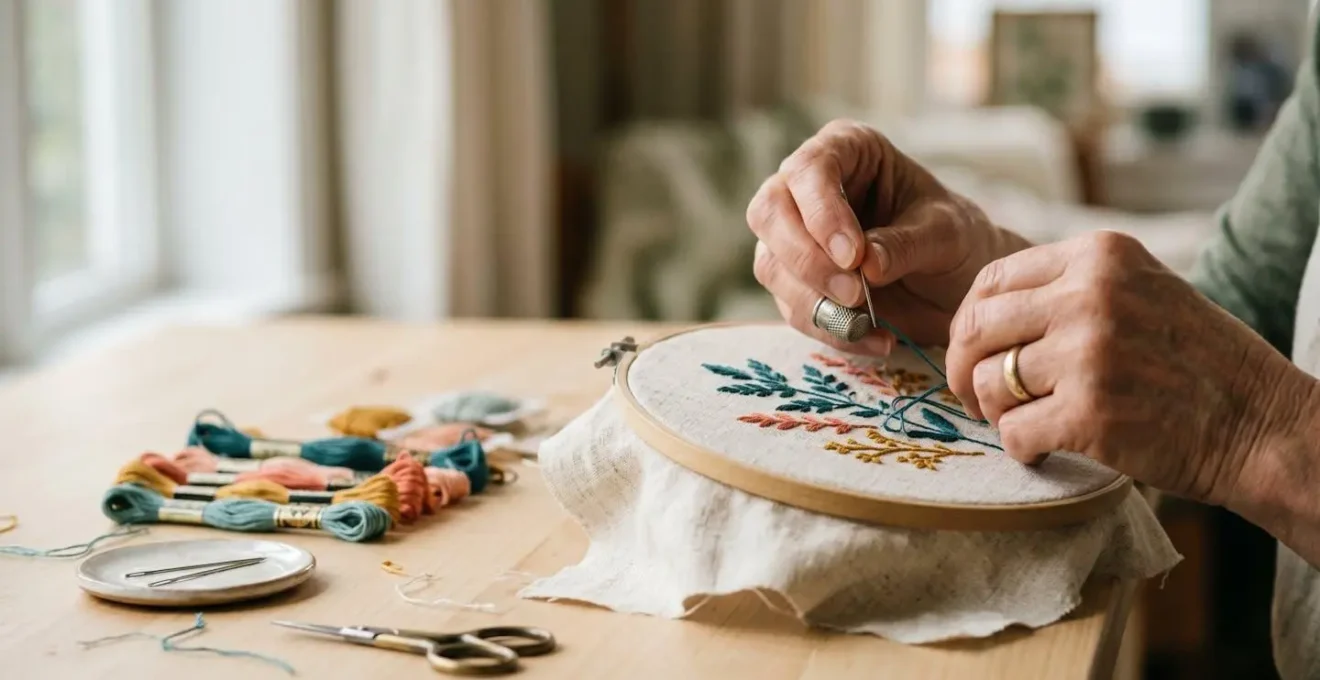 Gros plan sur des mains de brodeuse travaillant avec un tambour à broder, fils de couleurs et une aiguille sur un tissu lin naturel