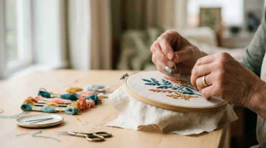 Gros plan sur des mains de brodeuse travaillant avec un tambour à broder, fils de couleurs et une aiguille sur un tissu lin naturel