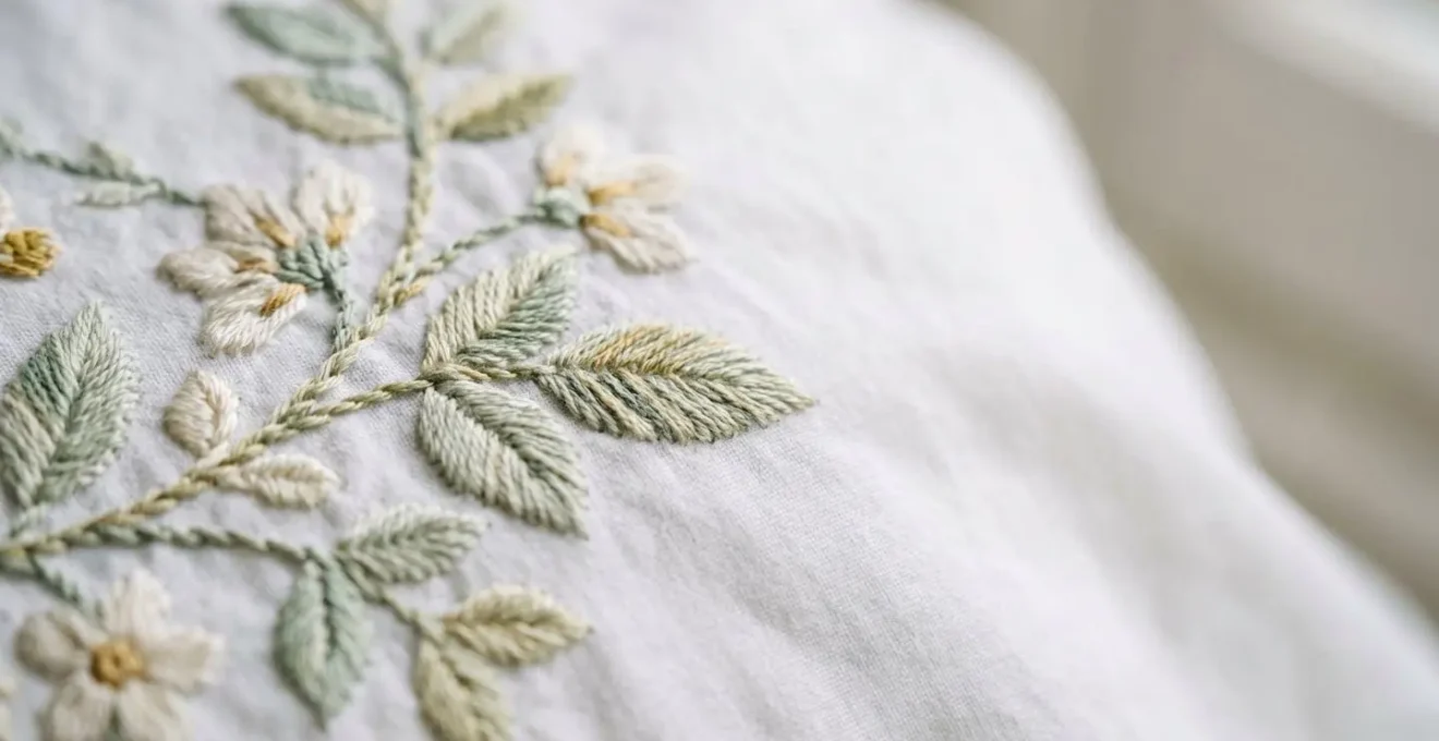 Gros plan sur une broderie délicate réalisée sur du linge de lit blanc
