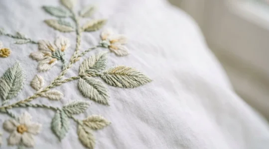 Gros plan sur une broderie délicate réalisée sur du linge de lit blanc