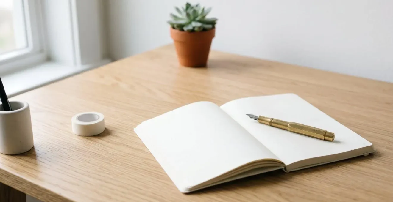Carnet ouvert sur un bureau épuré avec stylo et accessoires d'organisation minimalistes