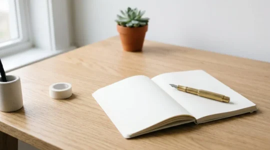 Carnet ouvert sur un bureau épuré avec stylo et accessoires d'organisation minimalistes