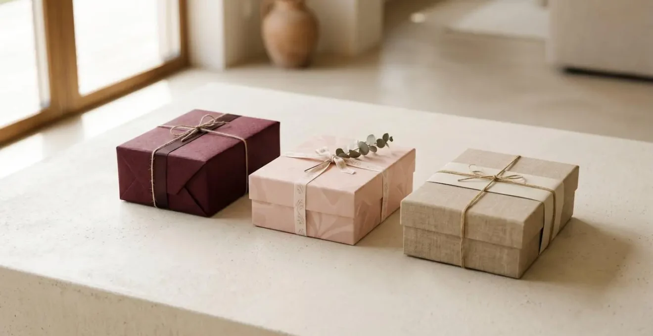Composition élégante de trois coffrets cadeaux thématiques disposés harmonieusement sur une surface claire