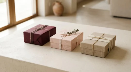 Composition élégante de trois coffrets cadeaux thématiques disposés harmonieusement sur une surface claire