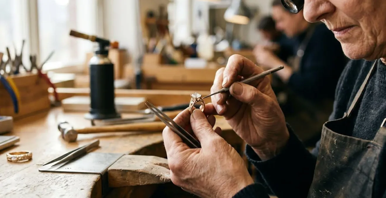 Atelier de création d'une bague de fiançailles sur-mesure avec outils de bijouterie