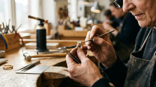 Atelier de création d'une bague de fiançailles sur-mesure avec outils de bijouterie