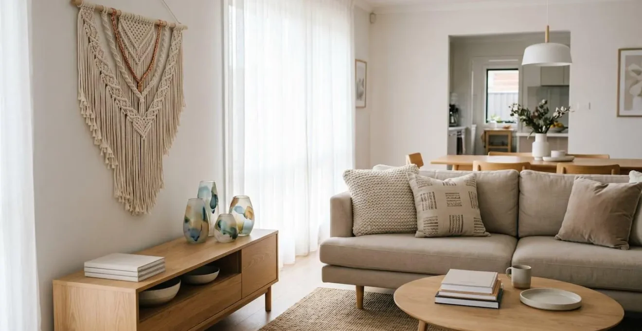 Suspension macramé moderne intégrée dans un intérieur épuré et design