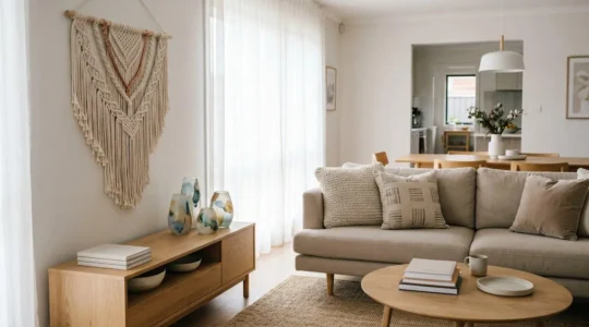 Suspension macramé moderne intégrée dans un intérieur épuré et design