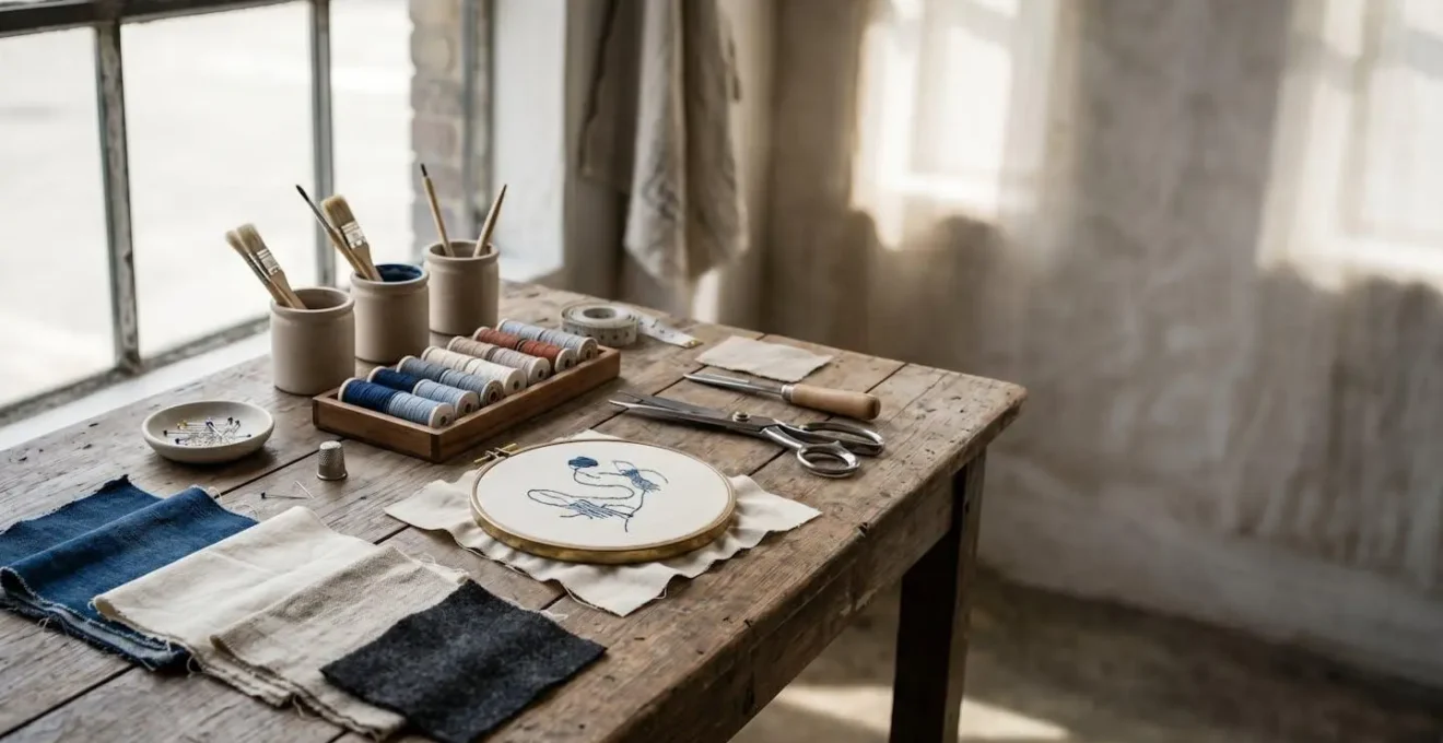 Customisation textile professionnelle avec outils et matériaux de qualité disposés sur un plan de travail