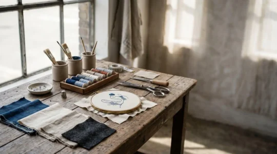 Customisation textile professionnelle avec outils et matériaux de qualité disposés sur un plan de travail