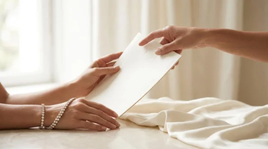 Dilemme élégant entre location et achat de parure de mariage, mise en scène éditoriale raffinée