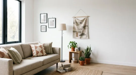 Intérieur d'appartement en location personnalisé avec solutions décoratives réversibles et accessoires amovibles