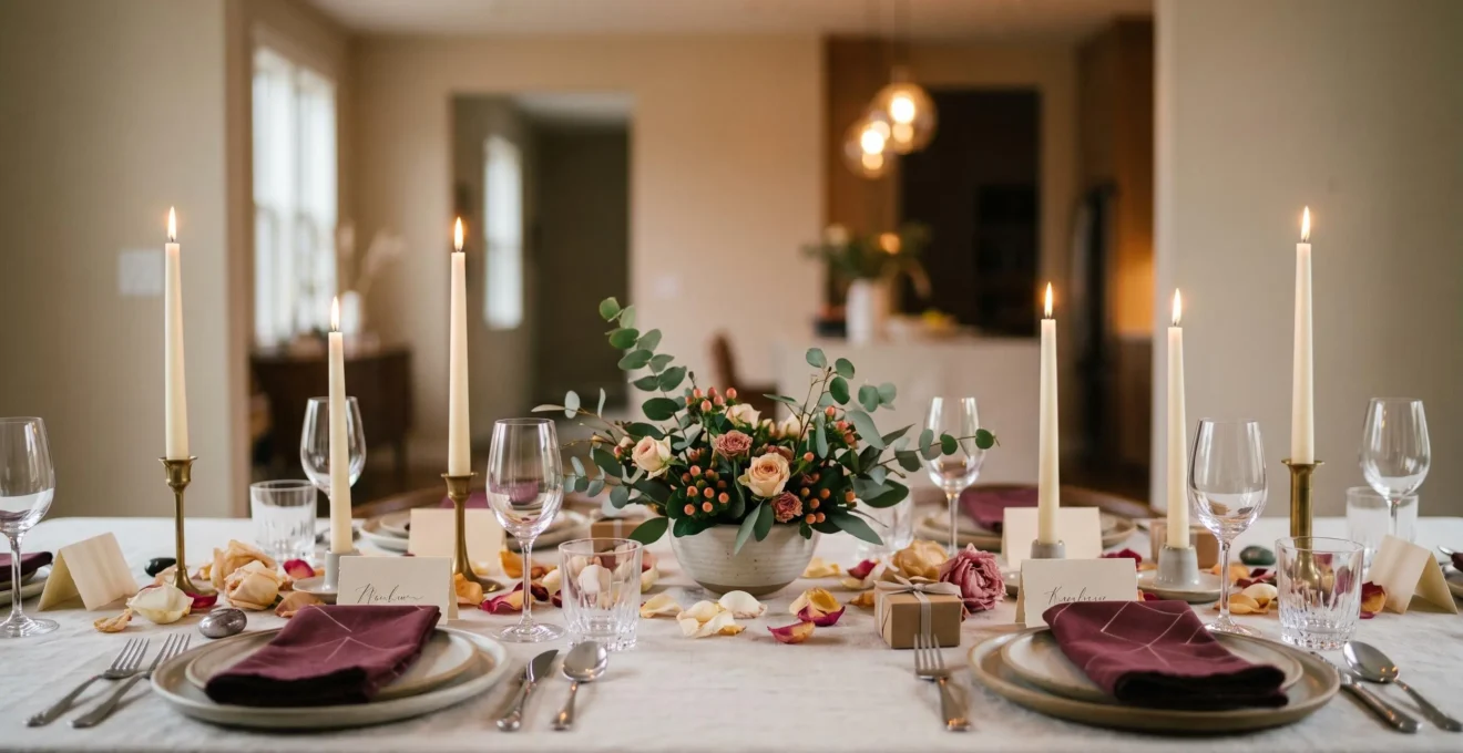 Table de dîner élégamment dressée avec éclairage tamisé et décoration raffinée pour un anniversaire mémorable
