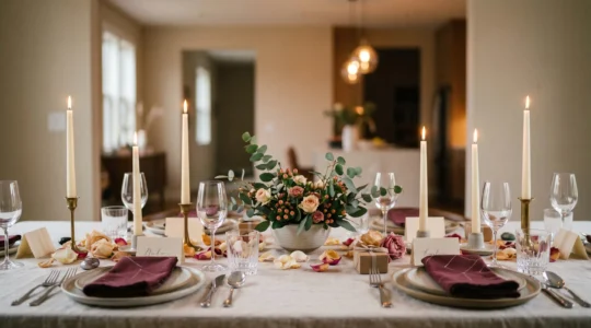 Table de dîner élégamment dressée avec éclairage tamisé et décoration raffinée pour un anniversaire mémorable