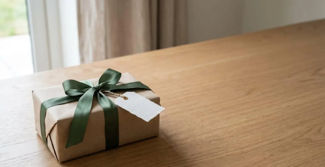 Emballage cadeau fait main élégant avec ruban de soie et étiquette personnalisée sur fond minimaliste