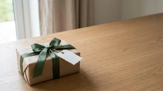 Emballage cadeau fait main élégant avec ruban de soie et étiquette personnalisée sur fond minimaliste