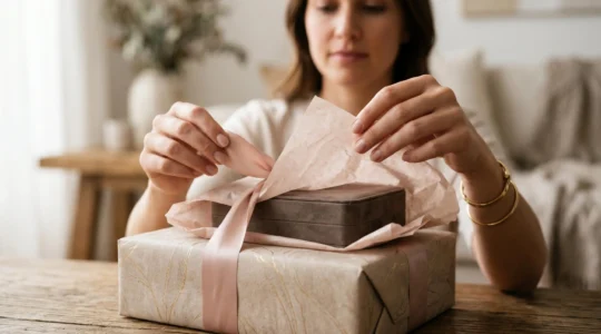 Gros plan sur des mains délicates ouvrant un coffret cadeau élégant avec ruban de soie
