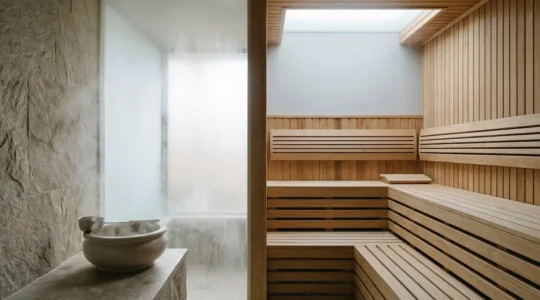 Scène de bien-être montrant l'atmosphère apaisante d'un espace de relaxation avec vapeur et chaleur