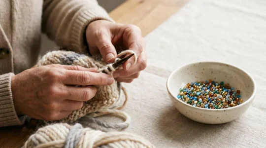 Gros plan sur des mains en train de tricoter avec des perles à proximité dans une lumière apaisante