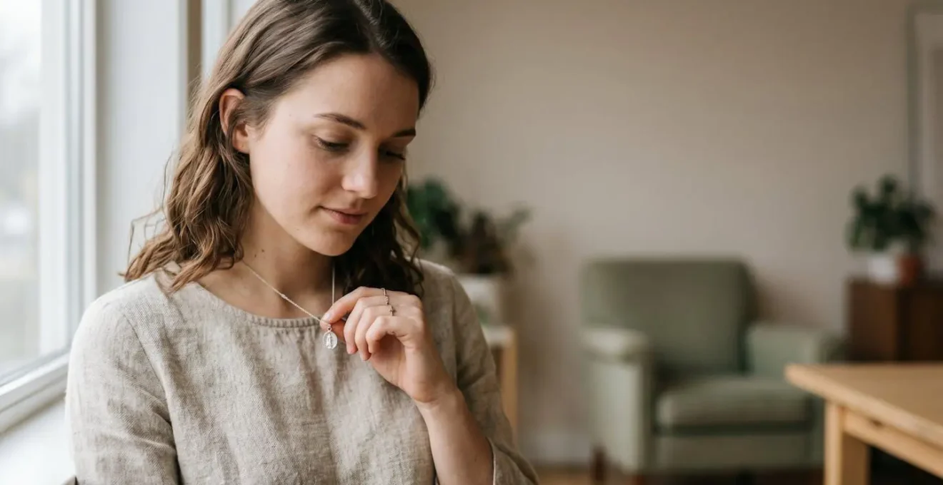 Jeune femme portant une médaille de baptême délicate autour du cou, symbole de tradition et d'élégance intemporelle