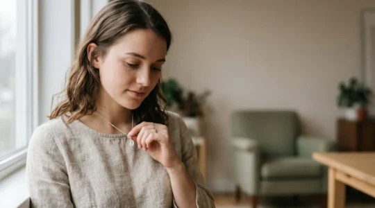 Jeune femme portant une médaille de baptême délicate autour du cou, symbole de tradition et d'élégance intemporelle