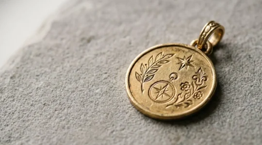 Médaillon en or 18 carats finement gravé avec détails artisanaux, symbolisant l'excellence de la joaillerie française