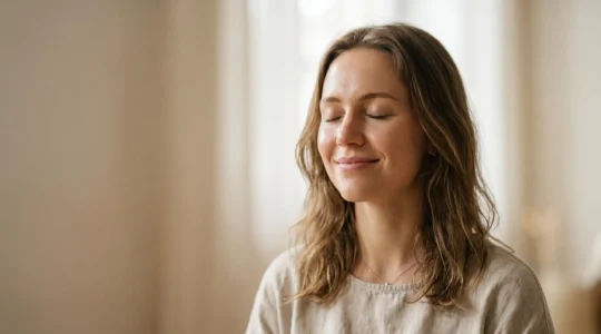 Femme en méditation avec une peau éclatante, dans une lumière naturelle apaisante évoquant la sérénité et le bien-être cutané