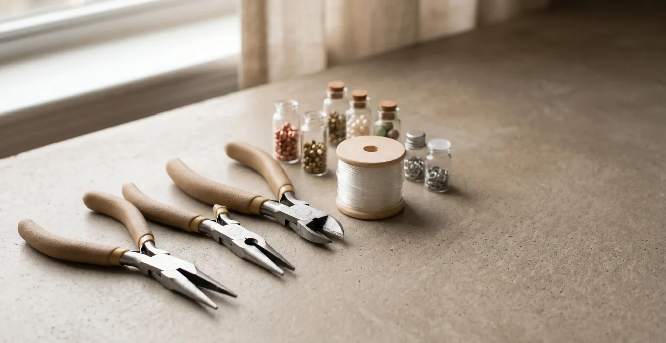 Composition minimaliste d'outils de bijouterie pour débutant disposés sur fond neutre