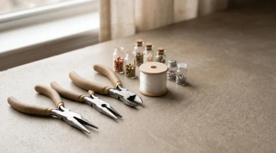 Composition minimaliste d'outils de bijouterie pour débutant disposés sur fond neutre
