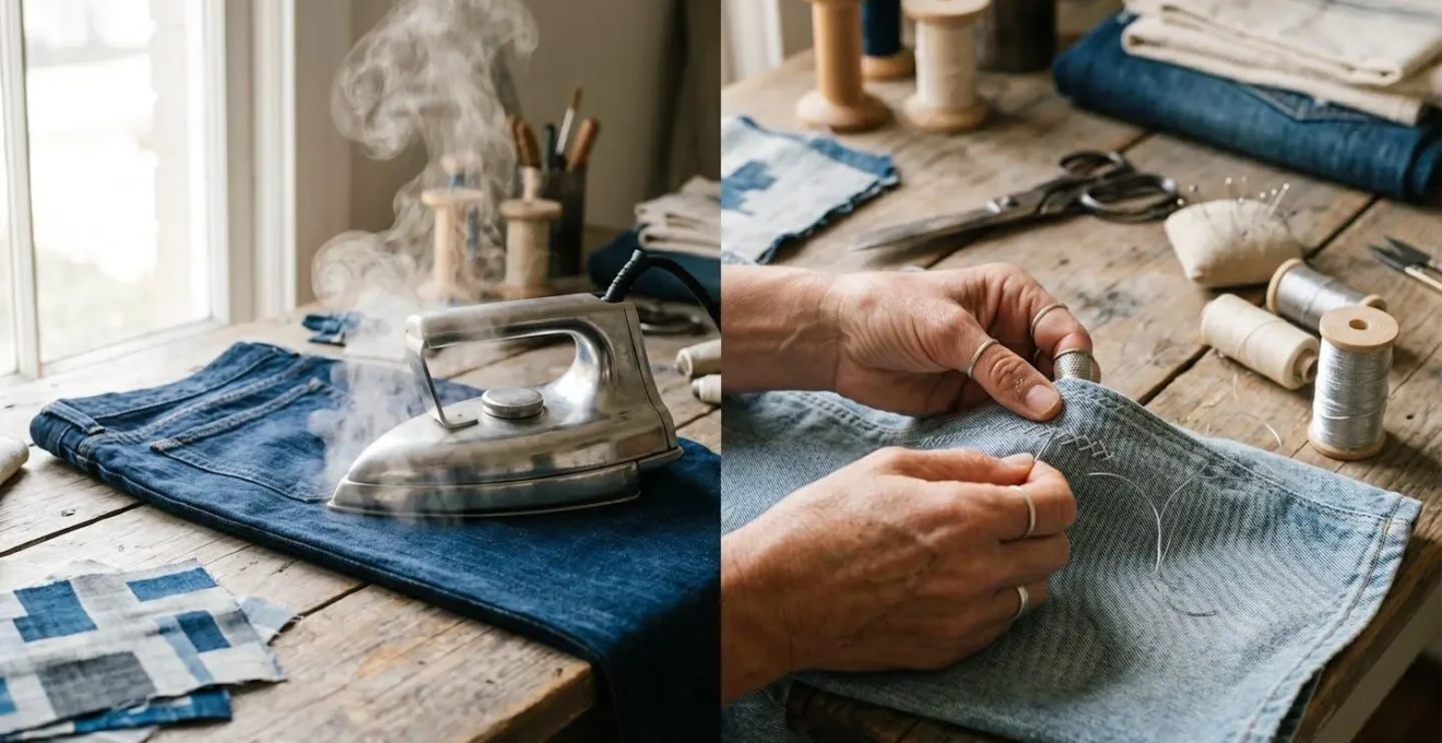 Comparaison visuelle entre application de patch thermocollant et couture traditionnelle sur textile