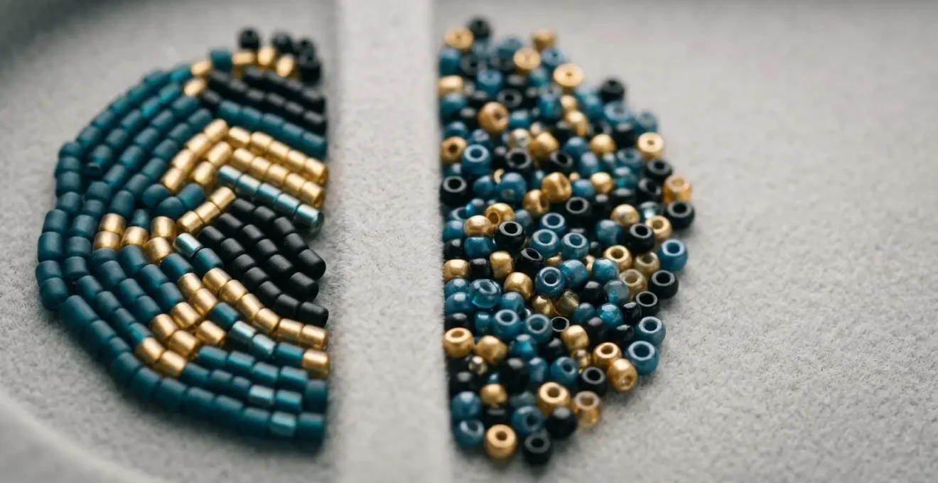 Comparaison visuelle entre perles Miyuki calibrées et perles rocailles traditionnelles pour tissage de bijoux