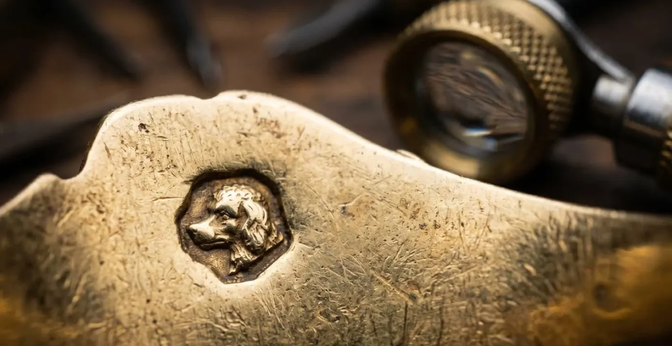 Macro photographie d'un poinçon tête d'aigle gravé sur un bijou ancien en or, loupe de bijoutier et patine naturelle du métal
