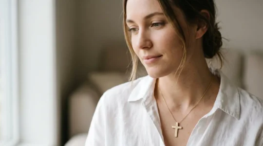 Femme portant une croix en pendentif délicate sur une chaîne fine, style minimaliste et élégant