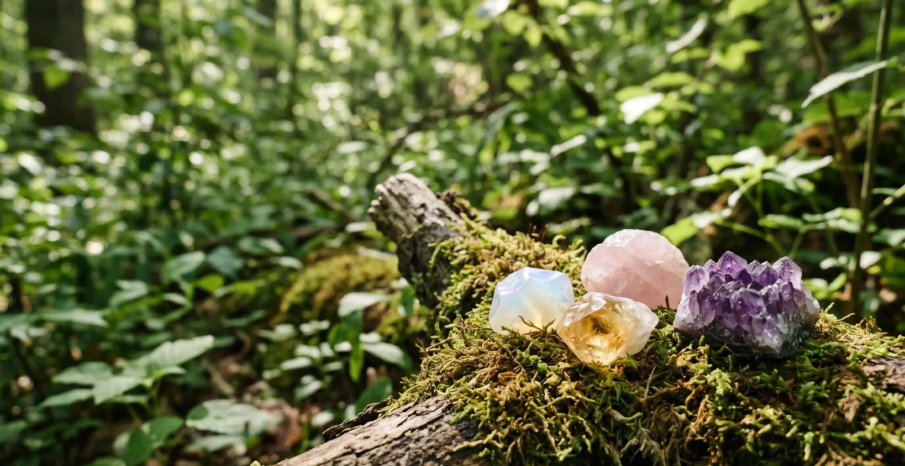 Pierres fines naturelles disposées sur une surface organique avec une lumière douce et tamisée