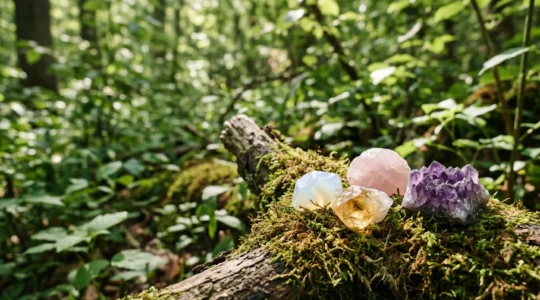 Pierres fines naturelles disposées sur une surface organique avec une lumière douce et tamisée