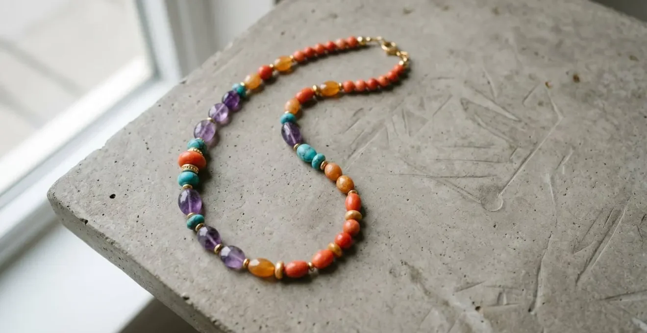Composition harmonieuse d'un collier de perles colorées suivant la règle des tiers avec équilibre visuel des couleurs et des textures