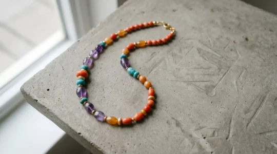 Composition harmonieuse d'un collier de perles colorées suivant la règle des tiers avec équilibre visuel des couleurs et des textures