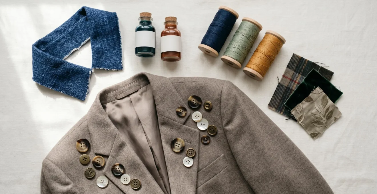 Atelier créatif de customisation de vêtements avec détails de couture et accessoires vintage