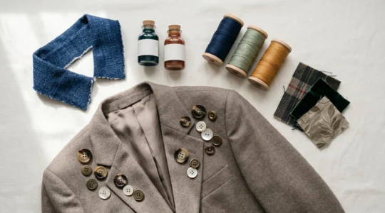 Atelier créatif de customisation de vêtements avec détails de couture et accessoires vintage