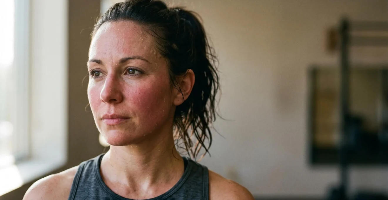 Portrait en gros plan d'un coureur après un entraînement intense, illustrant les effets du sport sur la peau du visage