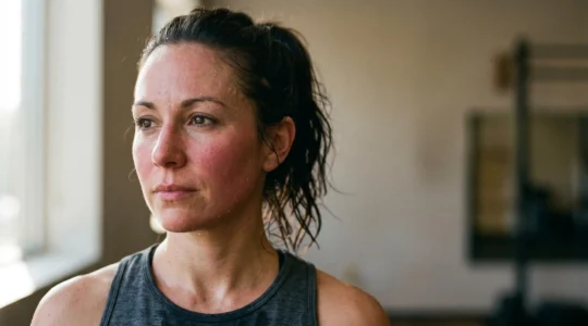 Portrait en gros plan d'un coureur après un entraînement intense, illustrant les effets du sport sur la peau du visage